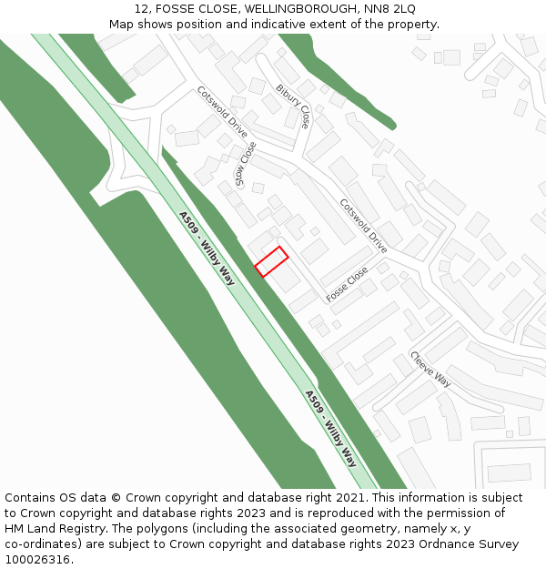 12, FOSSE CLOSE, WELLINGBOROUGH, NN8 2LQ: Location map and indicative extent of plot