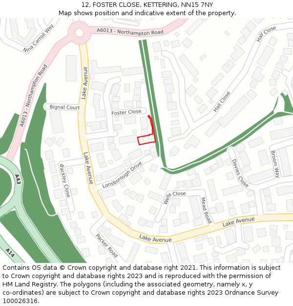 12, FOSTER CLOSE, KETTERING, NN15 7NY: Location map and indicative extent of plot