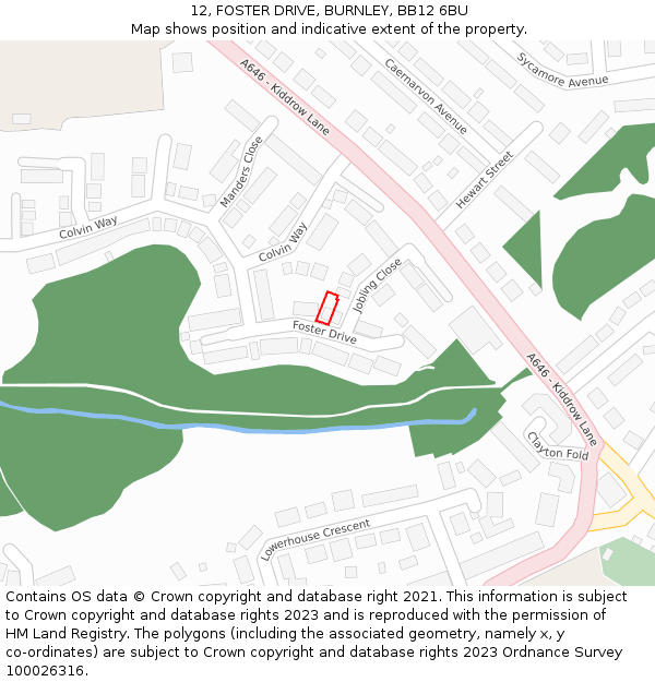 12, FOSTER DRIVE, BURNLEY, BB12 6BU: Location map and indicative extent of plot