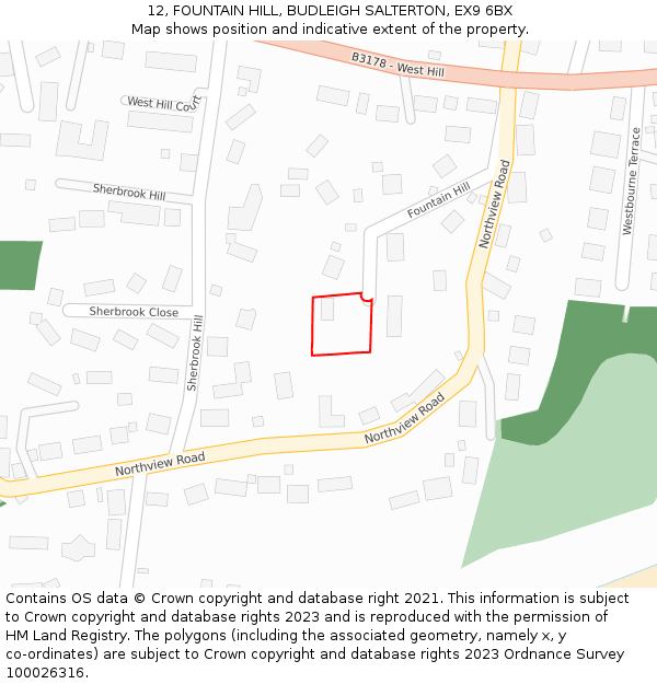 12, FOUNTAIN HILL, BUDLEIGH SALTERTON, EX9 6BX: Location map and indicative extent of plot