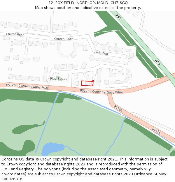 12, FOX FIELD, NORTHOP, MOLD, CH7 6GQ: Location map and indicative extent of plot