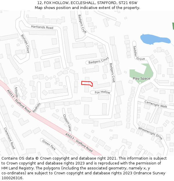 12, FOX HOLLOW, ECCLESHALL, STAFFORD, ST21 6SW: Location map and indicative extent of plot