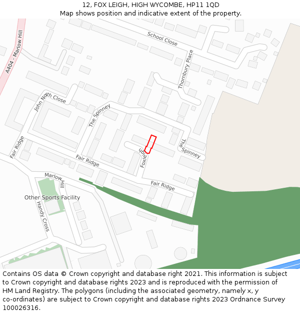 12, FOX LEIGH, HIGH WYCOMBE, HP11 1QD: Location map and indicative extent of plot