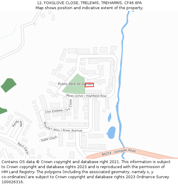 12, FOXGLOVE CLOSE, TRELEWIS, TREHARRIS, CF46 6FA: Location map and indicative extent of plot