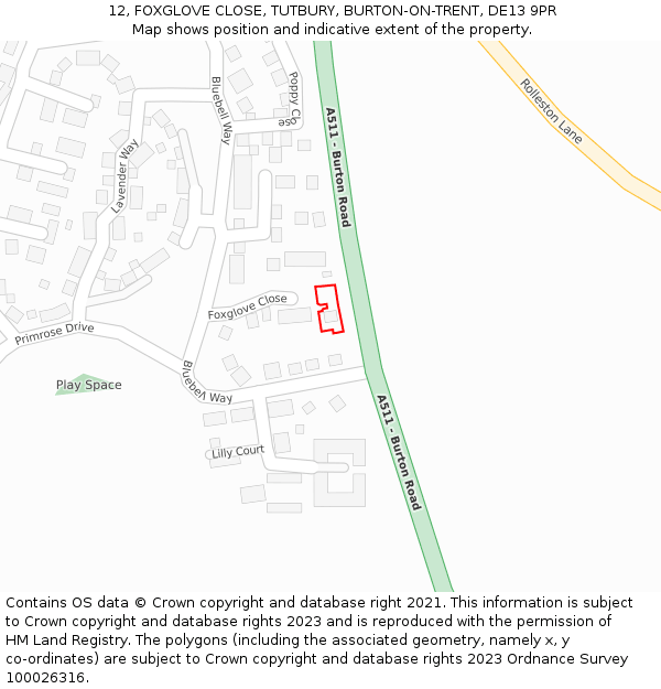 12, FOXGLOVE CLOSE, TUTBURY, BURTON-ON-TRENT, DE13 9PR: Location map and indicative extent of plot