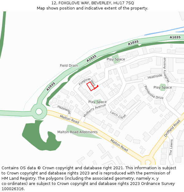 12, FOXGLOVE WAY, BEVERLEY, HU17 7SQ: Location map and indicative extent of plot