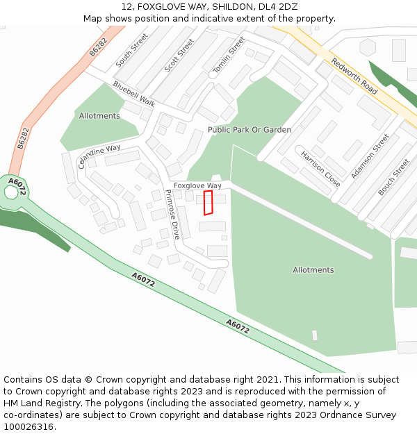 12, FOXGLOVE WAY, SHILDON, DL4 2DZ: Location map and indicative extent of plot