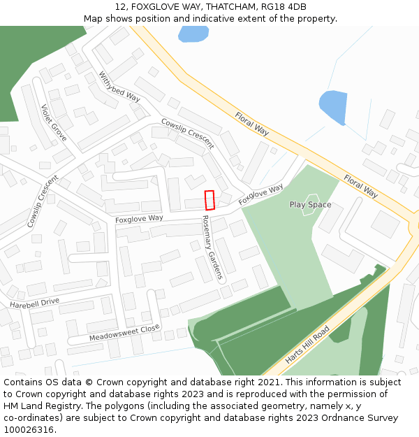12, FOXGLOVE WAY, THATCHAM, RG18 4DB: Location map and indicative extent of plot