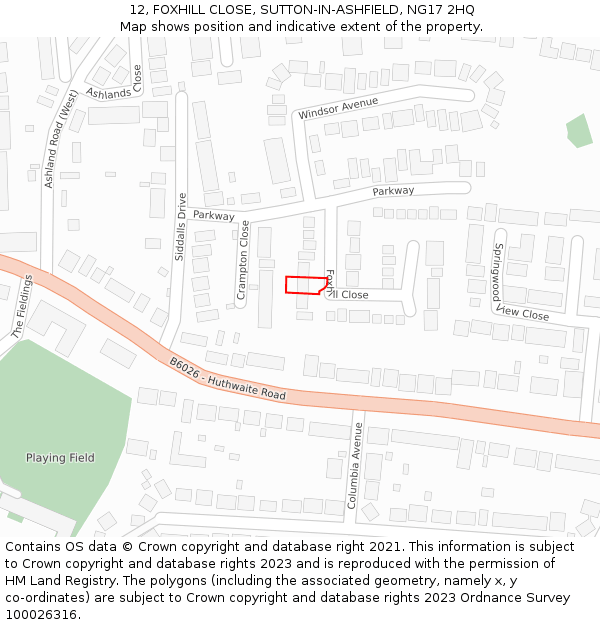 12, FOXHILL CLOSE, SUTTON-IN-ASHFIELD, NG17 2HQ: Location map and indicative extent of plot