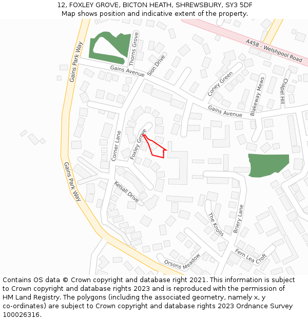 12, FOXLEY GROVE, BICTON HEATH, SHREWSBURY, SY3 5DF: Location map and indicative extent of plot