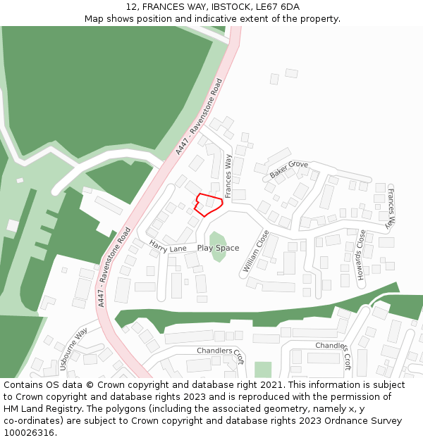 12, FRANCES WAY, IBSTOCK, LE67 6DA: Location map and indicative extent of plot