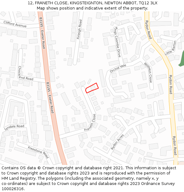 12, FRANETH CLOSE, KINGSTEIGNTON, NEWTON ABBOT, TQ12 3LX: Location map and indicative extent of plot
