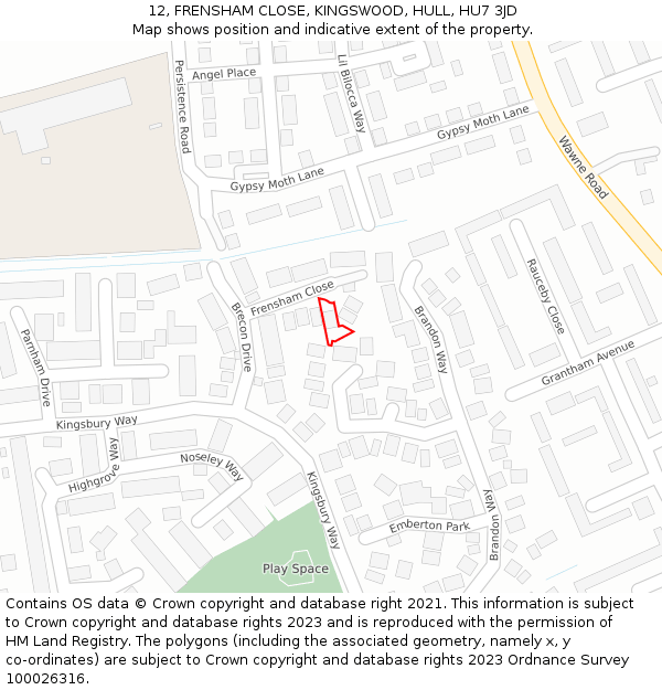 12, FRENSHAM CLOSE, KINGSWOOD, HULL, HU7 3JD: Location map and indicative extent of plot