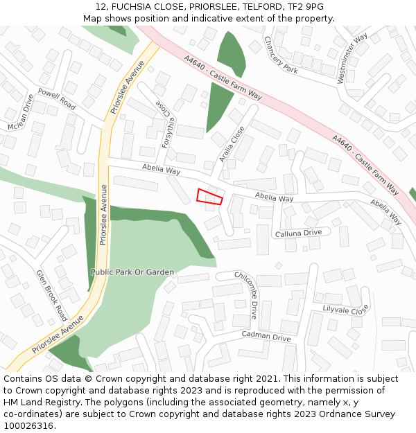 12, FUCHSIA CLOSE, PRIORSLEE, TELFORD, TF2 9PG: Location map and indicative extent of plot