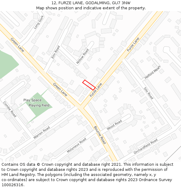 12, FURZE LANE, GODALMING, GU7 3NW: Location map and indicative extent of plot