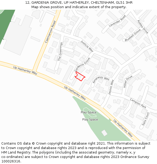 12, GARDENIA GROVE, UP HATHERLEY, CHELTENHAM, GL51 3HR: Location map and indicative extent of plot