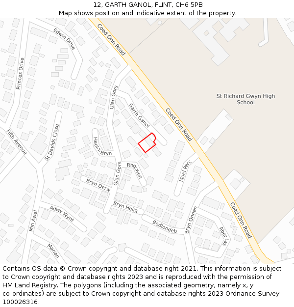 12, GARTH GANOL, FLINT, CH6 5PB: Location map and indicative extent of plot