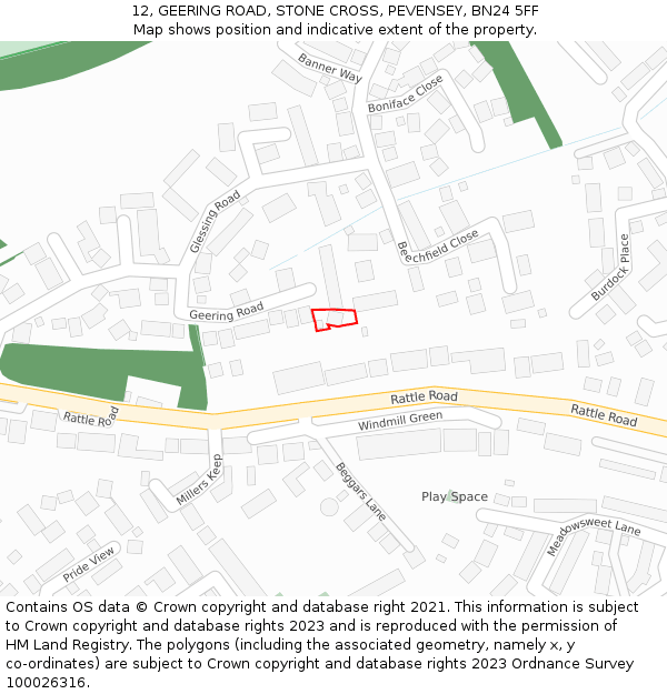 12, GEERING ROAD, STONE CROSS, PEVENSEY, BN24 5FF: Location map and indicative extent of plot