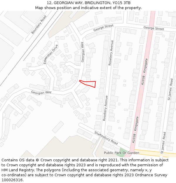 12, GEORGIAN WAY, BRIDLINGTON, YO15 3TB: Location map and indicative extent of plot