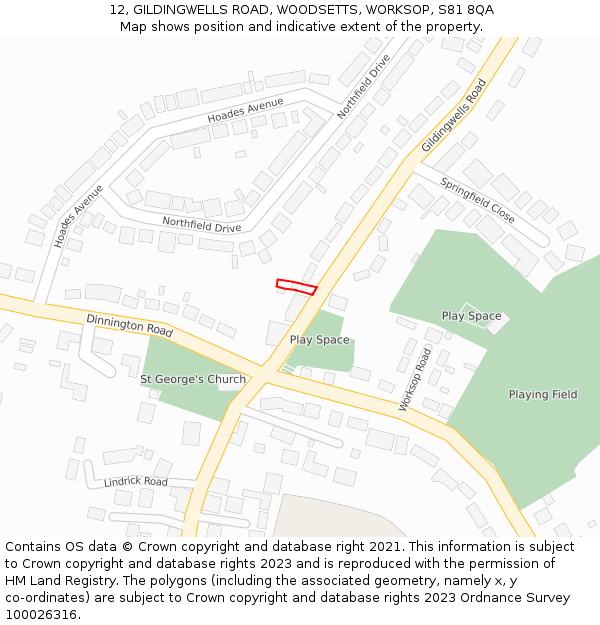 12, GILDINGWELLS ROAD, WOODSETTS, WORKSOP, S81 8QA: Location map and indicative extent of plot