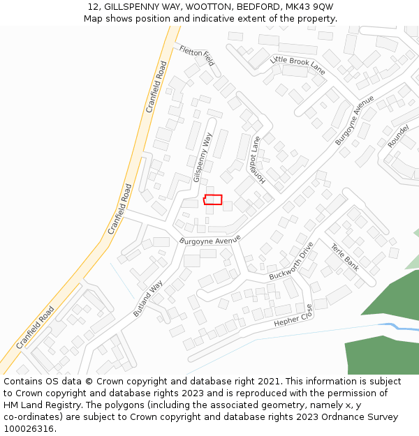 12, GILLSPENNY WAY, WOOTTON, BEDFORD, MK43 9QW: Location map and indicative extent of plot