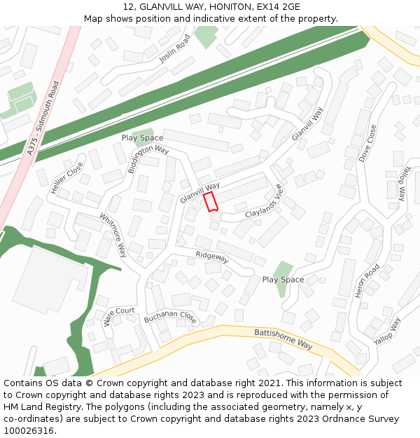 12, GLANVILL WAY, HONITON, EX14 2GE: Location map and indicative extent of plot