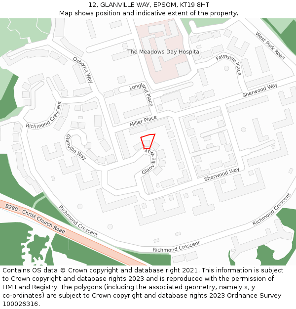 12, GLANVILLE WAY, EPSOM, KT19 8HT: Location map and indicative extent of plot