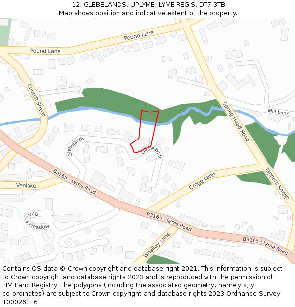 12, GLEBELANDS, UPLYME, LYME REGIS, DT7 3TB: Location map and indicative extent of plot