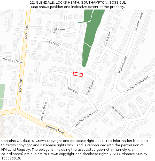 12, GLENDALE, LOCKS HEATH, SOUTHAMPTON, SO31 6UL: Location map and indicative extent of plot