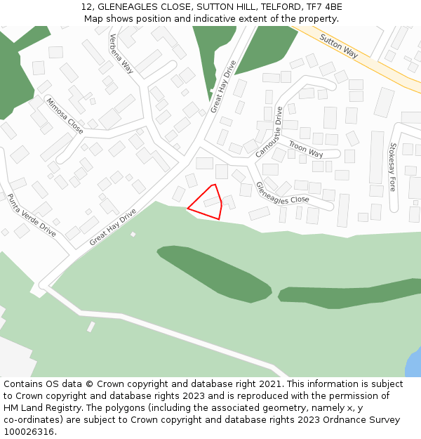 12, GLENEAGLES CLOSE, SUTTON HILL, TELFORD, TF7 4BE: Location map and indicative extent of plot