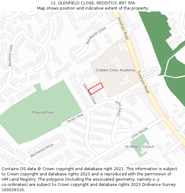 12, GLENFIELD CLOSE, REDDITCH, B97 5FA: Location map and indicative extent of plot