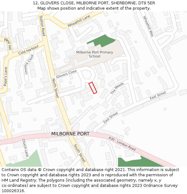 12, GLOVERS CLOSE, MILBORNE PORT, SHERBORNE, DT9 5ER: Location map and indicative extent of plot
