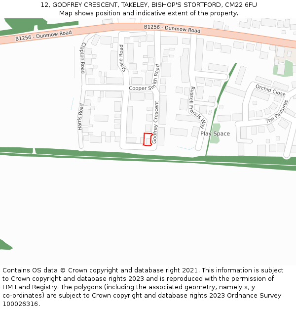 12, GODFREY CRESCENT, TAKELEY, BISHOP'S STORTFORD, CM22 6FU: Location map and indicative extent of plot