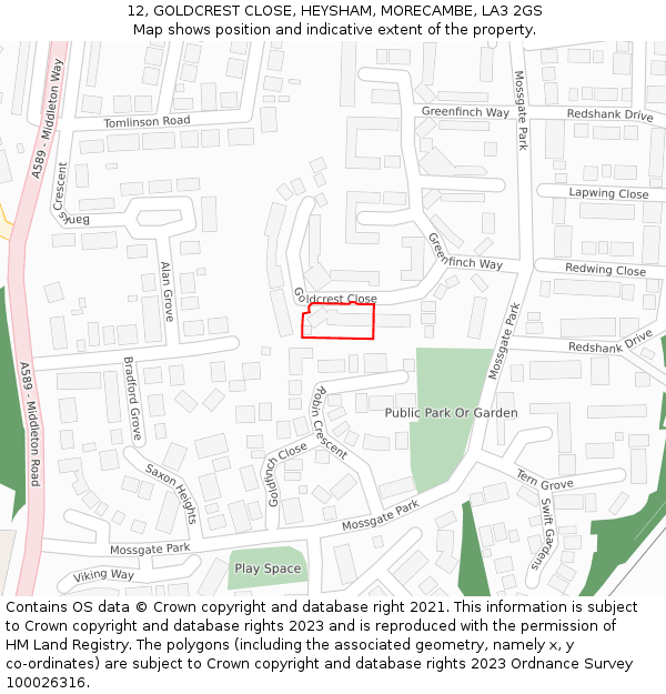 12, GOLDCREST CLOSE, HEYSHAM, MORECAMBE, LA3 2GS: Location map and indicative extent of plot