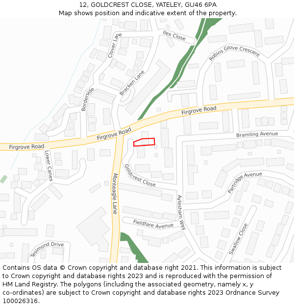 12, GOLDCREST CLOSE, YATELEY, GU46 6PA: Location map and indicative extent of plot