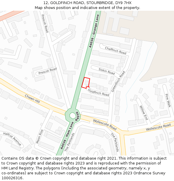 12, GOLDFINCH ROAD, STOURBRIDGE, DY9 7HX: Location map and indicative extent of plot