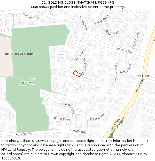 12, GOLDING CLOSE, THATCHAM, RG19 4FG: Location map and indicative extent of plot