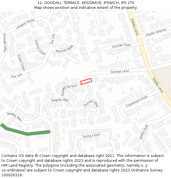 12, GOODALL TERRACE, KESGRAVE, IPSWICH, IP5 2TX: Location map and indicative extent of plot