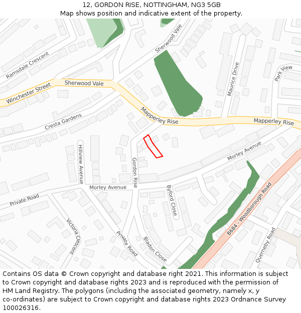 12, GORDON RISE, NOTTINGHAM, NG3 5GB: Location map and indicative extent of plot