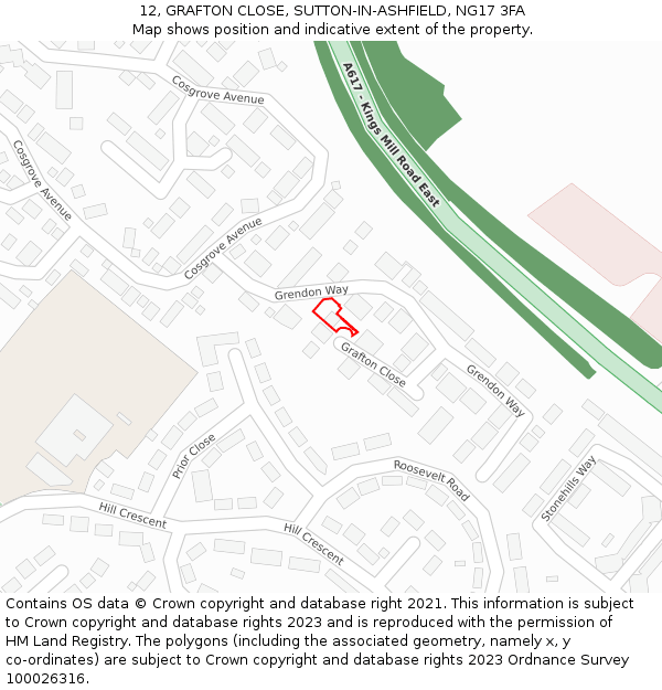 12, GRAFTON CLOSE, SUTTON-IN-ASHFIELD, NG17 3FA: Location map and indicative extent of plot