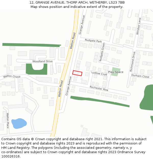 12, GRANGE AVENUE, THORP ARCH, WETHERBY, LS23 7BB: Location map and indicative extent of plot