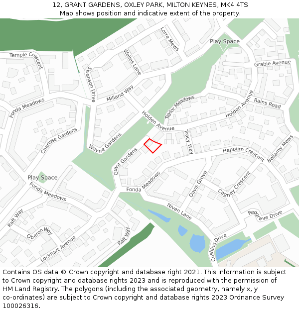 12, GRANT GARDENS, OXLEY PARK, MILTON KEYNES, MK4 4TS: Location map and indicative extent of plot