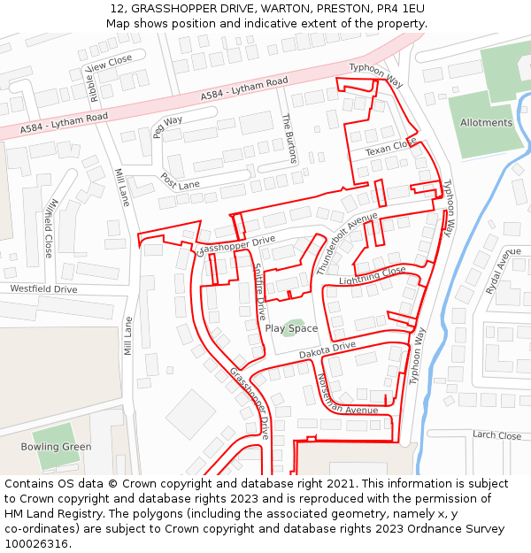 12, GRASSHOPPER DRIVE, WARTON, PRESTON, PR4 1EU: Location map and indicative extent of plot