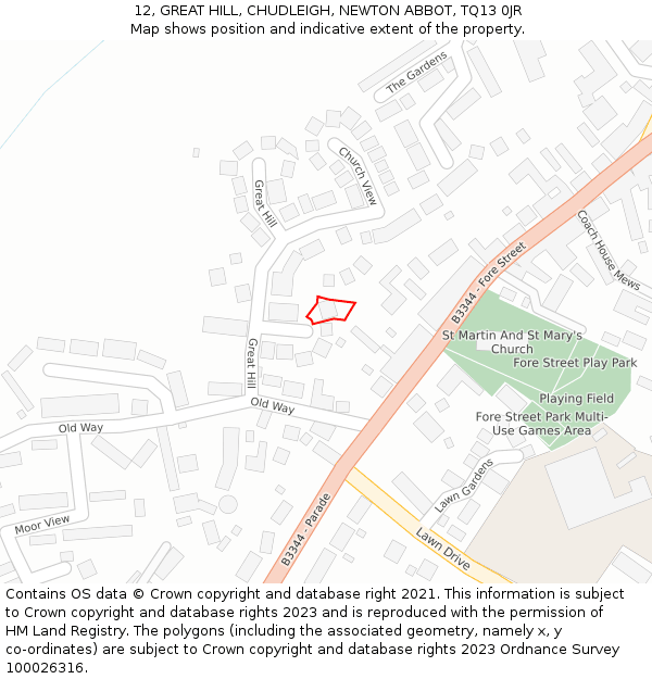 12, GREAT HILL, CHUDLEIGH, NEWTON ABBOT, TQ13 0JR: Location map and indicative extent of plot