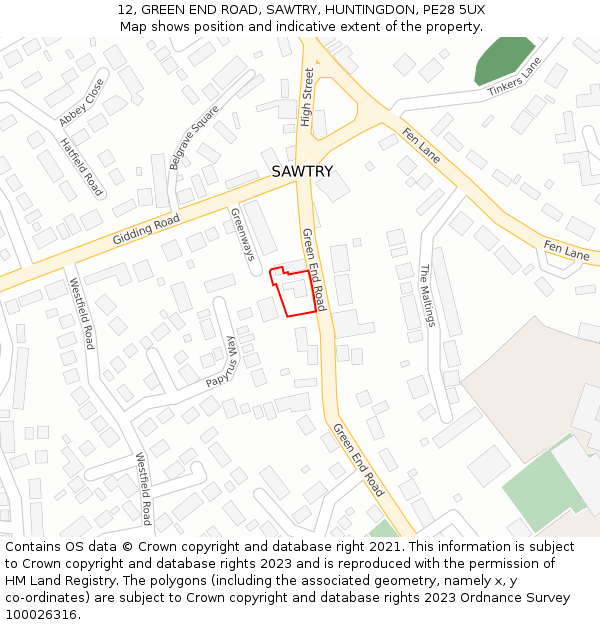 12, GREEN END ROAD, SAWTRY, HUNTINGDON, PE28 5UX: Location map and indicative extent of plot