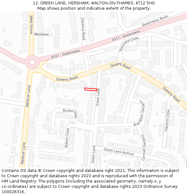 12, GREEN LANE, HERSHAM, WALTON-ON-THAMES, KT12 5HD: Location map and indicative extent of plot
