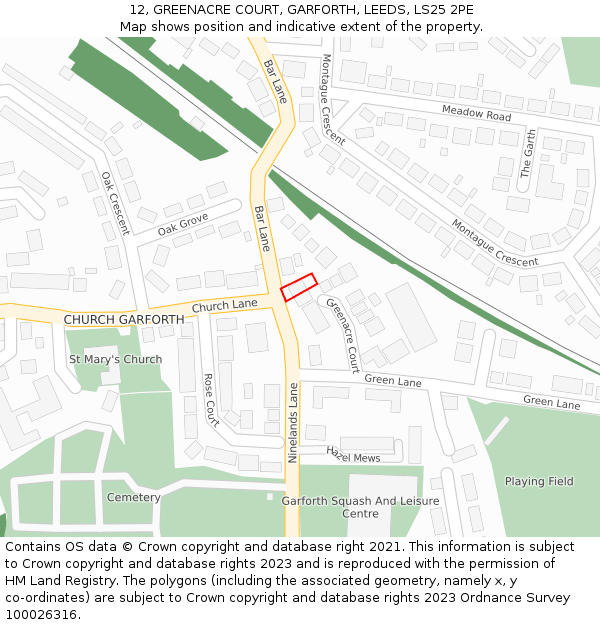 12, GREENACRE COURT, GARFORTH, LEEDS, LS25 2PE: Location map and indicative extent of plot