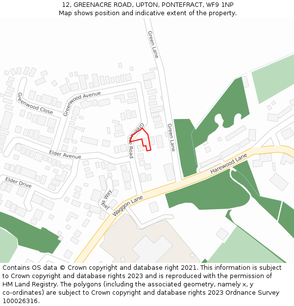 12, GREENACRE ROAD, UPTON, PONTEFRACT, WF9 1NP: Location map and indicative extent of plot