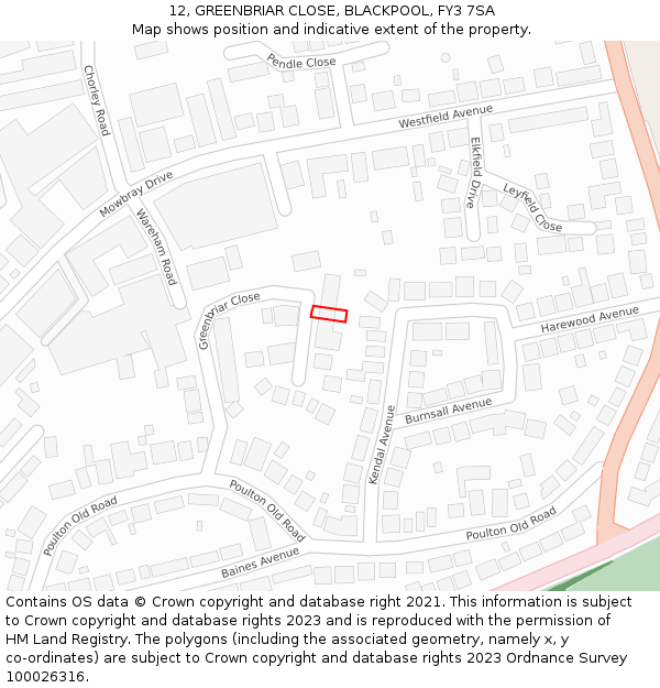 12, GREENBRIAR CLOSE, BLACKPOOL, FY3 7SA: Location map and indicative extent of plot