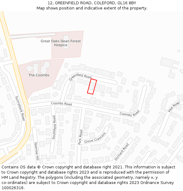 12, GREENFIELD ROAD, COLEFORD, GL16 8BY: Location map and indicative extent of plot